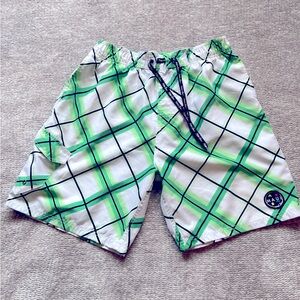 Maui and Sons Board Shorts Bright Green White Black  Plaid Pockets Mens 34
